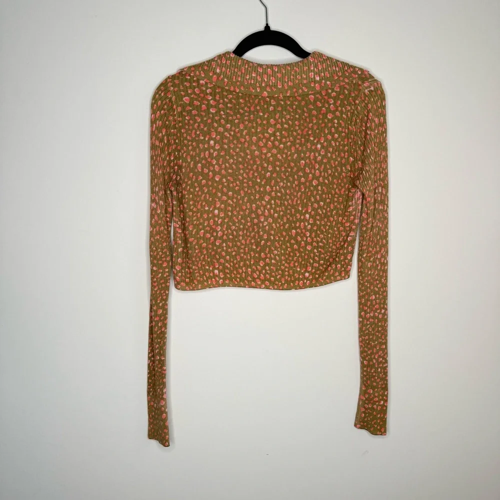 Free People Olive Green Pink Dot Cropped Long Sleeve Top Size Small